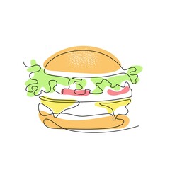 Burger is drawn with one line. Fast food.