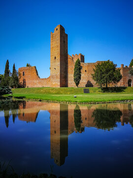View on the medieval walls of Noale with water mirror, Veneto - Italy
