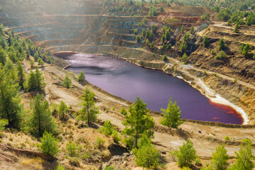 Reforestation of surface mining area. Pine trees growing on terraces of old copper mine in Mitsero,...