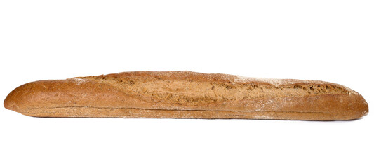 oblong baked bread baguette isolated on white background, loaf of rye flour