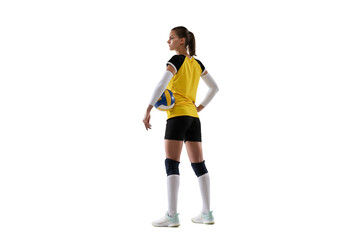 Fototapeta na wymiar Young female volleyball player isolated on white studio background. Woman in sport's equipment and shoes or sneakers training and practicing.
