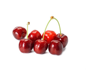 ripe red cherry with stalk isolated on white background, delicious fruit