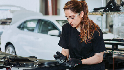 Obraz na płótnie Canvas Female technician fixing car parts in a garage