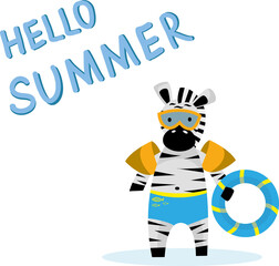 Fototapeta na wymiar Cute zebra carrying a float with summer greetings