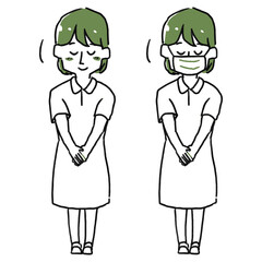 お辞儀する看護師の女性（通常とマスク）