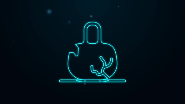 Glowing neon line Broken weight icon isolated on black background. Kilogram weight block for weight lifting and scale. Mass symbol. 4K Video motion graphic animation
