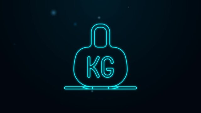 Glowing neon line Weight icon isolated on black background. Kilogram weight block for weight lifting and scale. Mass symbol. 4K Video motion graphic animation