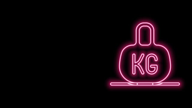 Glowing neon line Weight icon isolated on black background. Kilogram weight block for weight lifting and scale. Mass symbol. 4K Video motion graphic animation