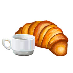 Delicious breakfast background. Hot frothy coffee and fresh croissants, front view. Delicious start to the day.Fresh croissant with coffee.