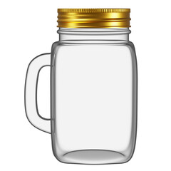 Realistic Glass Square Cup, Jar, Bottle with Golden Lid and white background. Dispenser for water, juice, mix and other beverages. Mock up for brand template.
