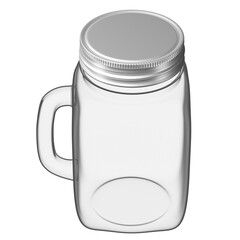 Realistic Glass Square Cup, Jar, Bottle with Silver Lid and white background. Dispenser for water, juice, mix and other beverages. Mock up for brand template.