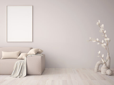 Interior design of modern living room with sofa, mock up poster frame on wall, copy space background, 3d rendering
