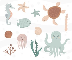 Sea animals, cartoon vector set, isolated on white. Marine creatures.