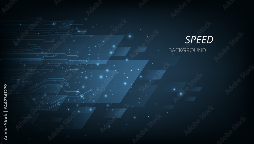 Poster high speed movement background concept.lights and square shape moving fast over dark blue background