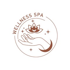 Mystic boho elegant female hands with moon, star, flower in line art. Vector magic symbol isolated on white background. Trendy minimalist signs for design of cosmetics, jewelry, beauty