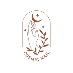 Mystic boho elegant female hands with moon, star, plant in line art. Vector magic symbol isolated on white background. Trendy minimalist signs for design of cosmetics, jewelry, beauty