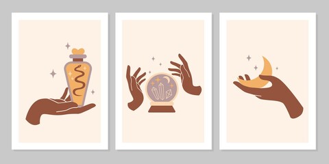Fototapeta premium Mystic boho set of female hands and symbols, moon, cristal, snake, star, glass. Vector magic flat illustration. Trendy minimalist signs for design of cosmetics, jewelry, handmade products, background