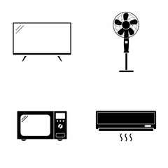 Household appliances icons set. Smart TV, fan, microwave and air conditioner isolated on white background. Vector illustration.
