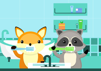 Little fox and little raccoon brushing their teeth a toothbrush in the bathroom vector illustration