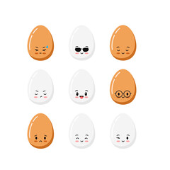 Cute chicken egg cartoon character icon set isolated on white background. Flat kawaii style vector happy food clip art illustration. White and brown eggs with lovely emoticon faces.