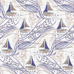 Azure blue white sailboat linen texture. Seamless textile effect background. Weathered doodle motif dye pattern. Coastal cottage beach home decor. Modern sailing marine fashion repeat cotton cloth.
