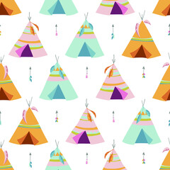 Seamless vector pattern of multicolored wigwams on a white background