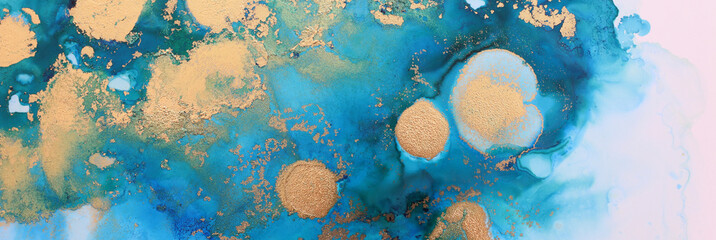 art photography of abstract fluid painting with alcohol ink, blue and gold colors