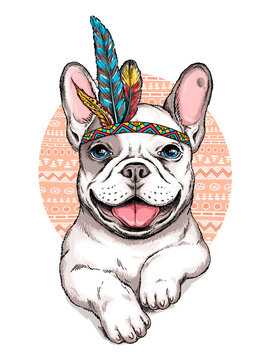 Cute cartoon french bulldog in indian headdress. Bright illustration in ethnic style. Stylish image for printing on any surface	