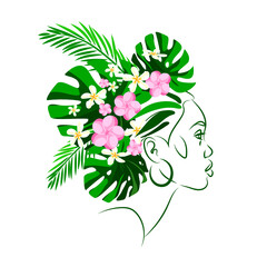 Portrait of an African woman with a bouquet of tropical leaves and flowers. Botanical symbol. Beauty saloon logo.