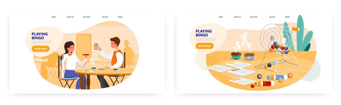 Couple Playing Bingo Game, Landing Page Design, Website Banner Vector Template Set. Lottery Gambling.