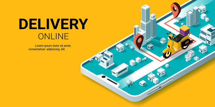Online delivery service on smartphone, Smart logistics, Online order. City logistics. scooter, warehouse and parcel box. Concept for website or banner. Isometric Vector illustration