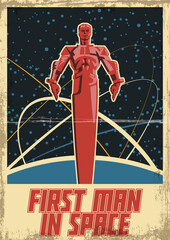 First man in Space Old Soviet Space Propaganda Posters Style Illustration, Cosmonaut and Earth Orbit 