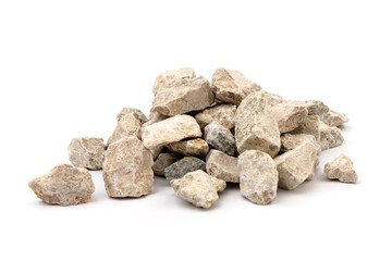 Gray small rocks ground texture isolated on white background. Small road stone.