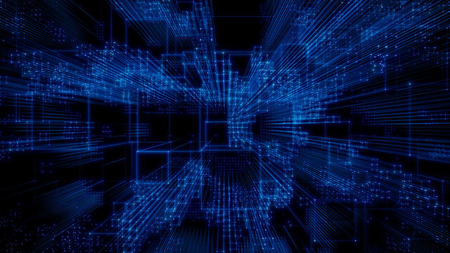 Artificial Intelligence, Quantum Computing Concept. Blue Tech Background. 3D Render.