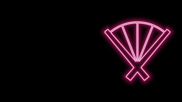 Glowing neon line Traditional paper chinese or japanese folding fan icon isolated on black background. 4K Video motion graphic animation
