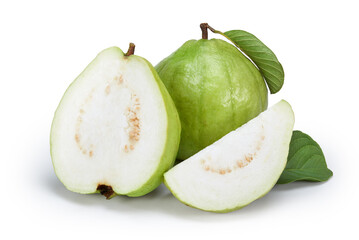 Guava fruit with leaf isolated on white background