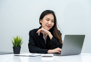 accountant woman happy working in new office, business woman working through laptop