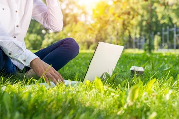 Foto op Canvas Businessman using laptop computer on green grass © adam121