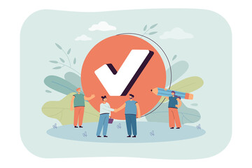 Tiny business people with checkmark. Check in checklist, woman thanking man for good job flat vector illustration. Job done, time management concept for banner, website design or landing web page