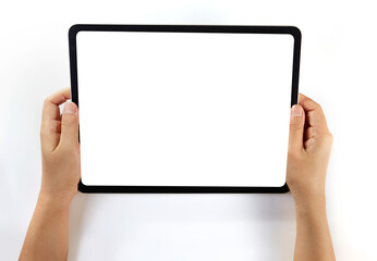 Hand holding a mockup tablet with blank screen isolated on white