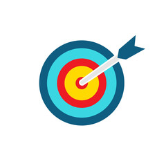 Target colorful icon. Goal symbol with bow arrow. Darts game element. Marketing or business aim. Vector illustration isolated on white