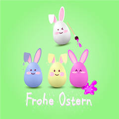 illustration.Easter eggs-hares of blue, red,white color on a green background with the inscription "Happy Easter" in German .Coloring eggs for Easter.