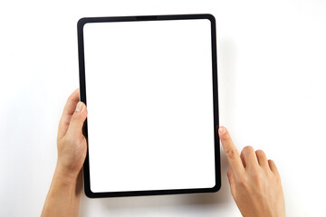 Hand holding a mockup tablet with blank screen isolated on white
