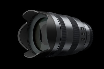 Modern nonexistent DSLR macro camera lens on black background