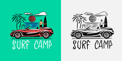 Retro car emblem. Surfing sign. Summer Surf. Vintage Engraved emblem hand drawn poster or banner