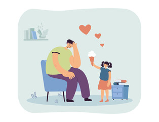 Little girl calming her sad father. Flat vector illustration. Daughter handing ice cream to sad, depressed man sitting in armchair. Family, kindness, dessert, mental health, support, care concept