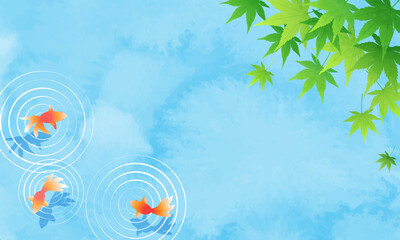Fototapeta na wymiar 水彩風の紅葉と金魚と水の夏イメージのベクターイラスト背景(フレーム)