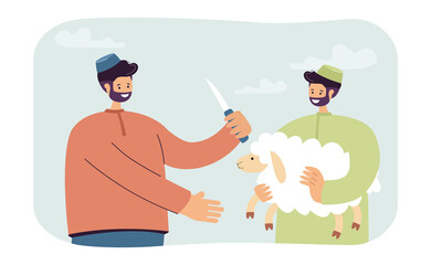 Two Muslims slaughtering young ram. Flat vector illustration. Men in turbans holding white lamb and large sharp knife. Eid al-Adha, sacrifice, slaughter, islam, holiday concept for banner design