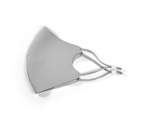 Blank grey cotton reusable cloth mask isolated on white background.