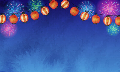 夏の夜空と花火と提灯の水彩風ベクターイラスト風景(背景)  © Honyojima